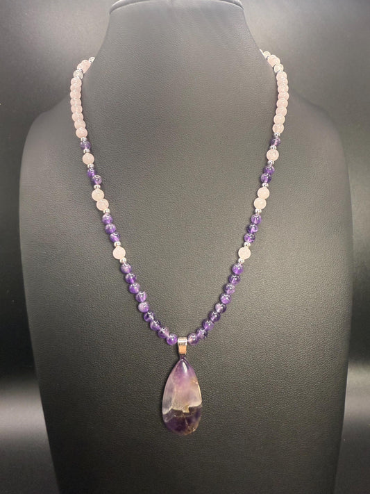 Amethyst Crazy Lace Agate Pendant Necklace: Rose Quartz & White Jade