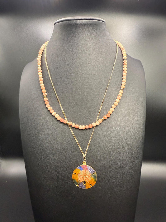 Colorful Shell Pendant and Pink Stone Two Strand Necklace