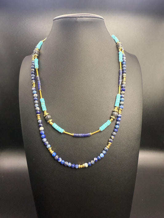 Two-Strand Lapis Lazuli & Turquoise Necklace with Gold Accents