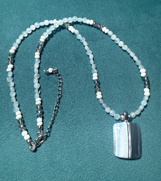 Blue Opal Pendant Necklace with Aquamarine Beads