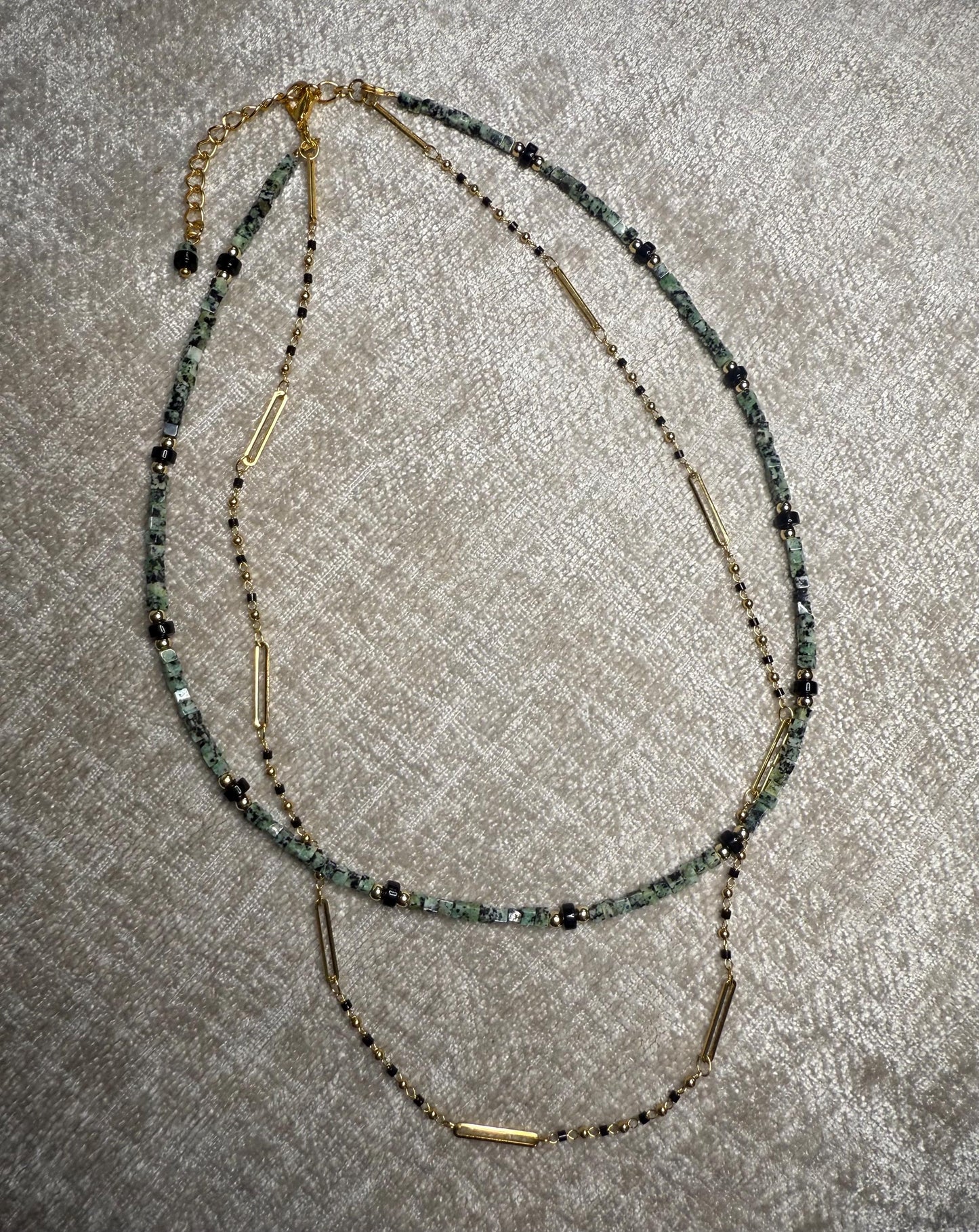 Two-Strand Nevada Turquoise & Onyx Necklace - 24K Gold Plated Delicate Chain