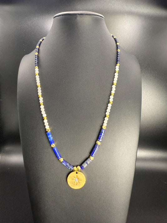 Lapis lazuli beaded matte gold plated star CZ pendant necklace