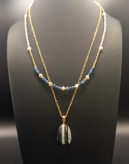 Blue Opal Pendant- Freshwater Pearl, Amazonite, Labradorite and Agate Necklace