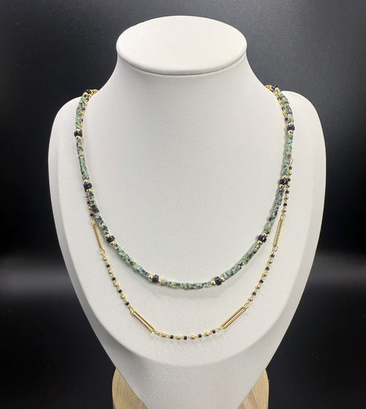 Two-Strand Nevada Turquoise & Onyx Necklace - 24K Gold Plated Delicate Chain