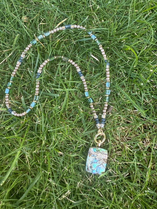 Abalone Shell, Agate & Indian Glass Beaded Necklace with Front Clasp