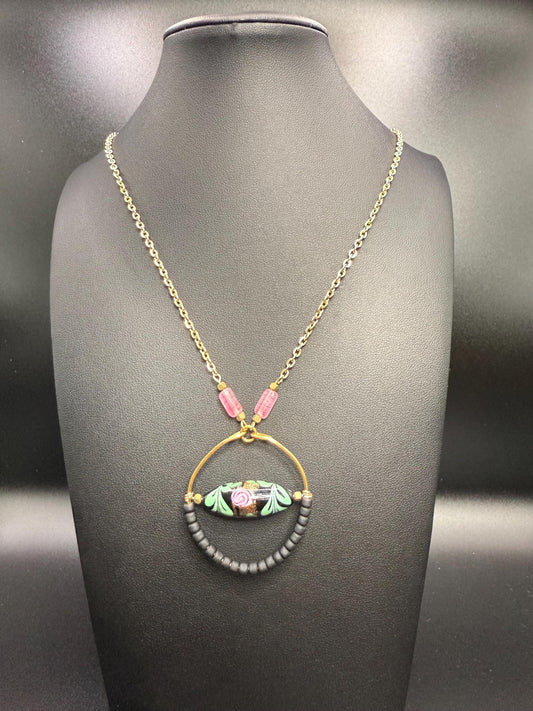 Handmade Vintage WG Glass Bead Necklace with 14k Gold Plated Chain