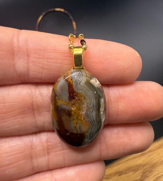 Garnet & Gold Sandstone Necklace with Crazy Lace Agate Pendant - 24K Gold Plated