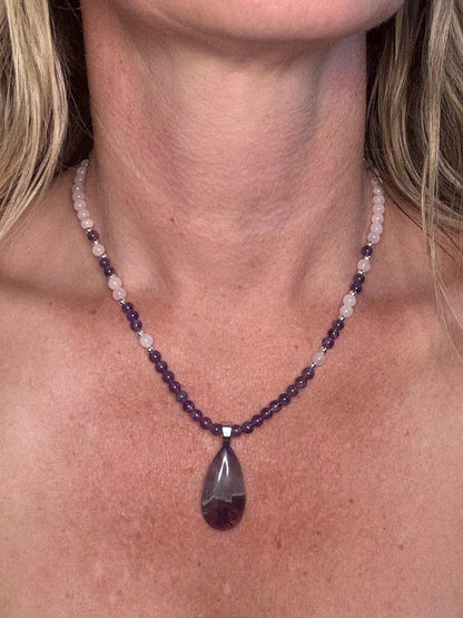 Amethyst Crazy Lace Agate Pendant Necklace: Rose Quartz & White Jade