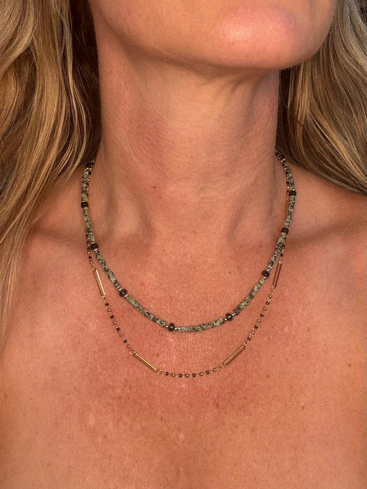 Two-Strand Nevada Turquoise & Onyx Necklace - 24K Gold Plated Delicate Chain