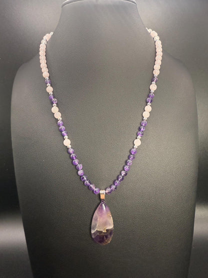 Amethyst Crazy Lace Agate Pendant Necklace: Rose Quartz & White Jade