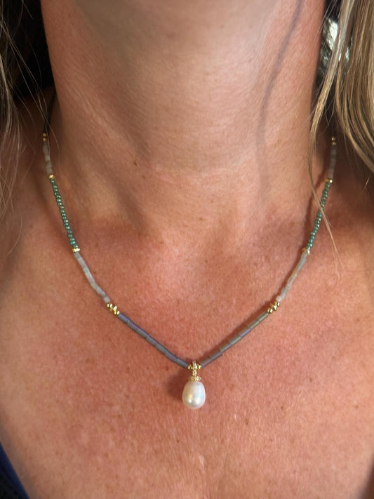 Freshwater Pearl & Cubic Zirconia Pendant Necklace with Amazonite Beads
