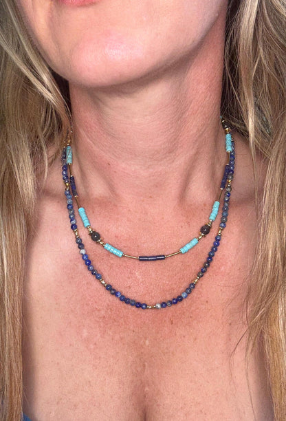 Two-Strand Lapis Lazuli & Turquoise Necklace with Gold Accents