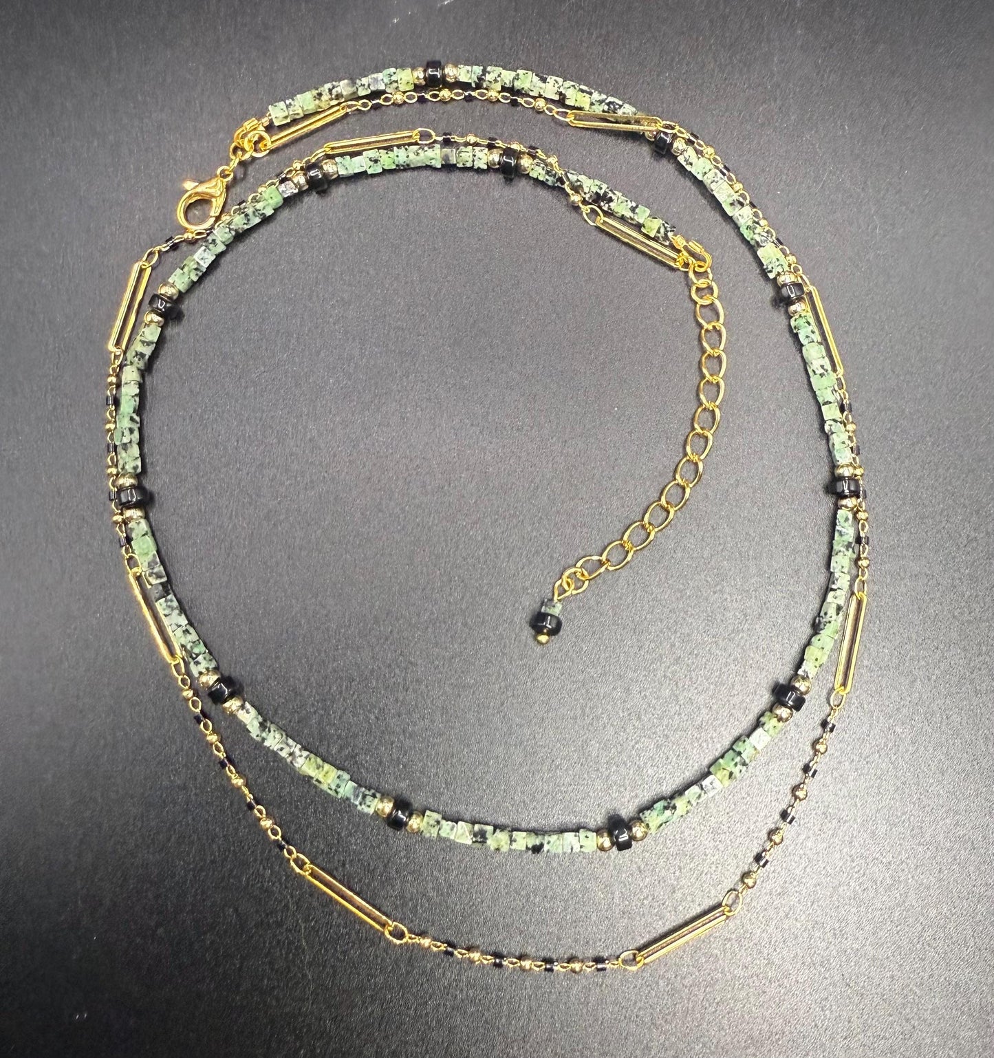 Two-Strand Nevada Turquoise & Onyx Necklace - 24K Gold Plated Delicate Chain