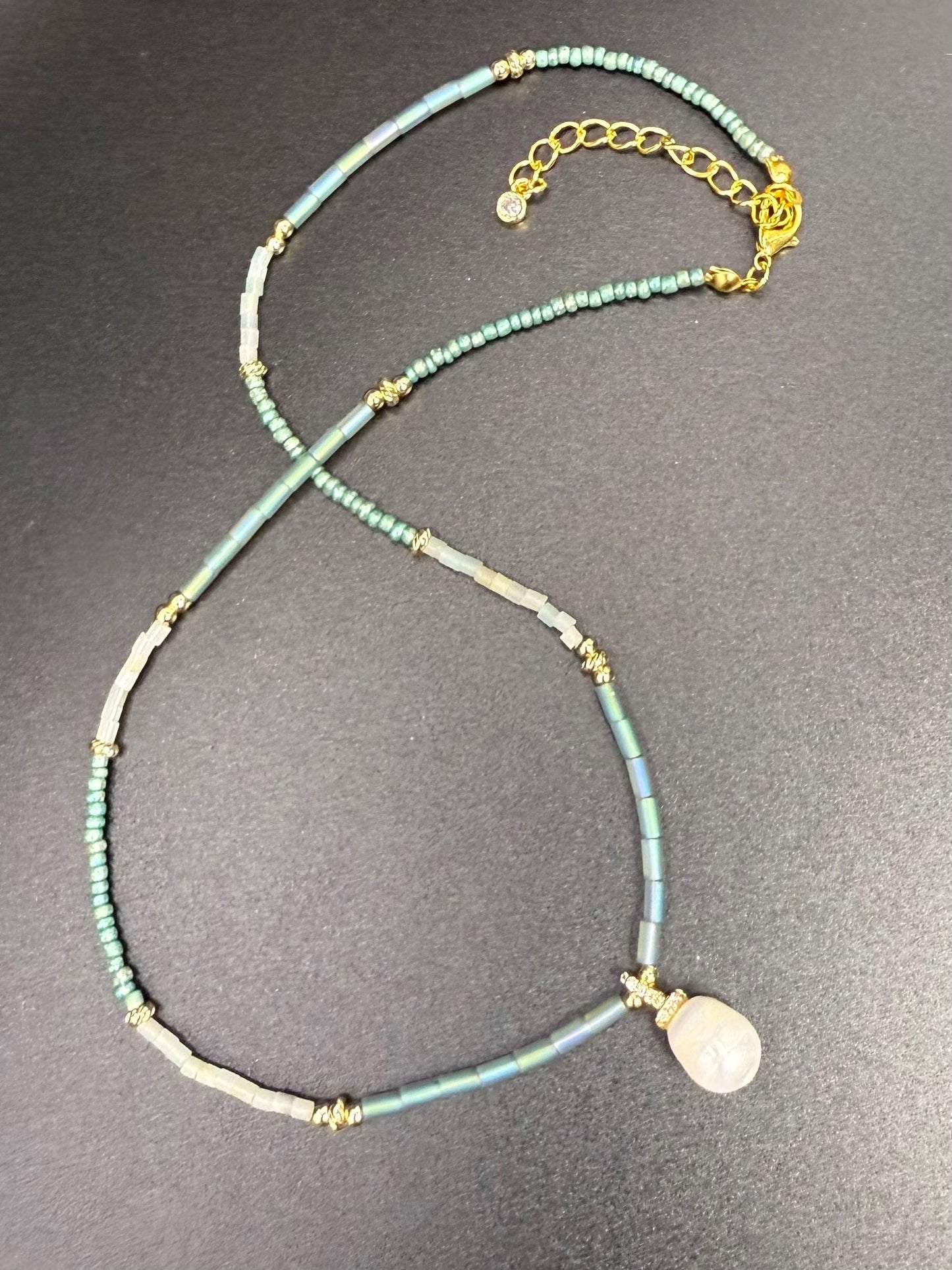 Freshwater Pearl & Cubic Zirconia Pendant Necklace with Amazonite Beads