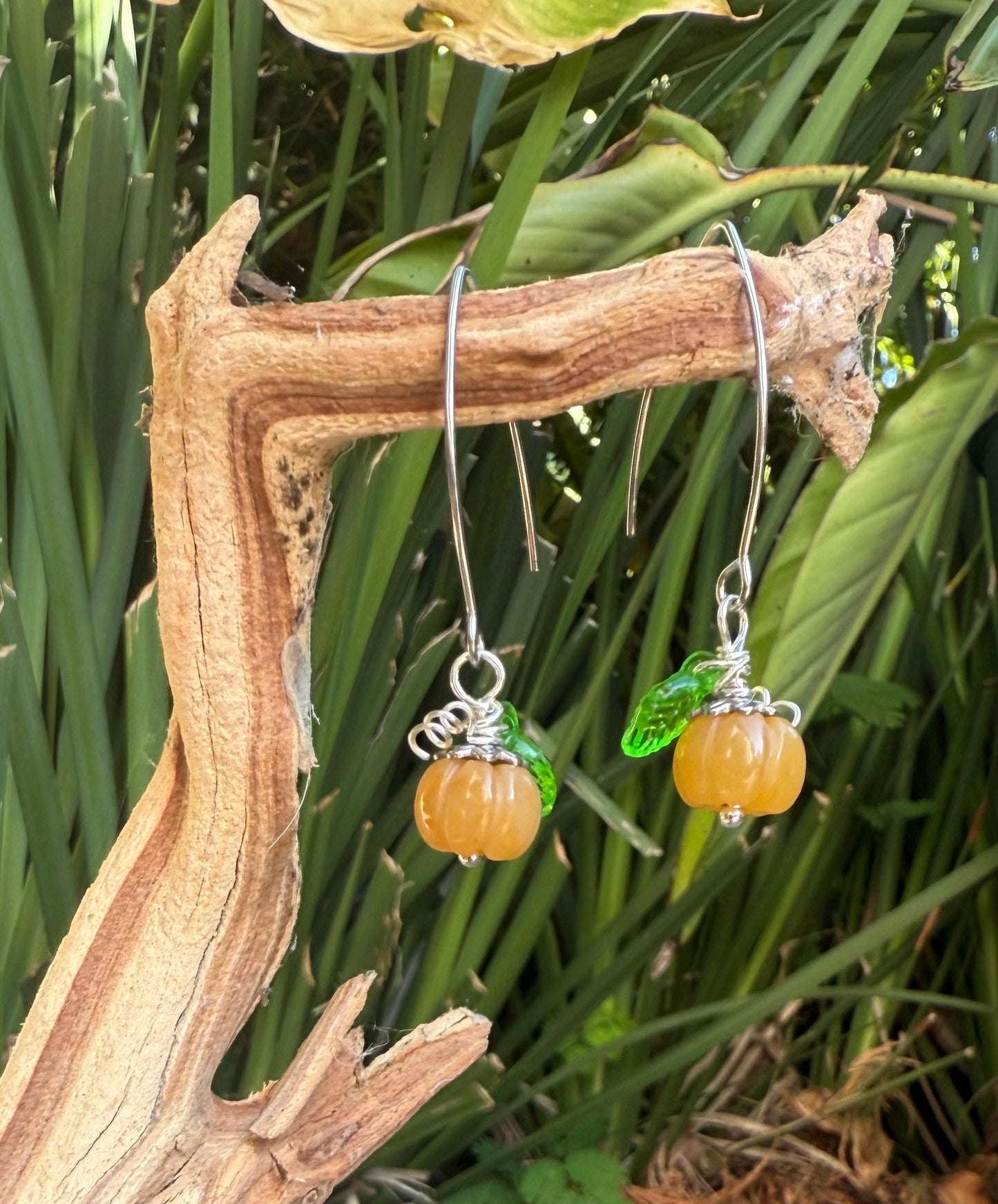 Handmade Jade Pumpkin Earrings: Silver-Plated Autumn Jewelry