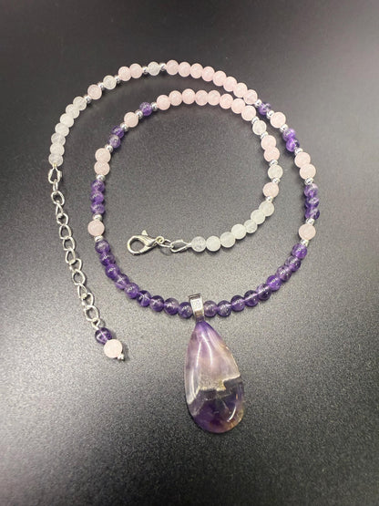 Amethyst Crazy Lace Agate Pendant Necklace: Rose Quartz & White Jade