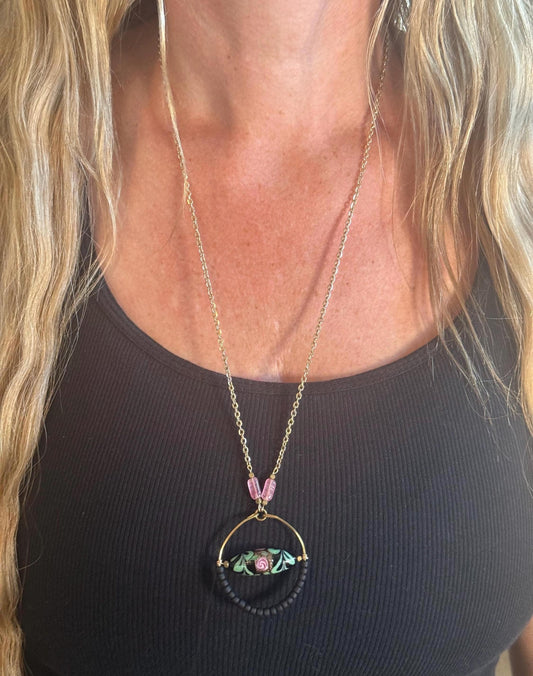Handmade Vintage WG Glass Bead Necklace with 14k Gold Plated Chain