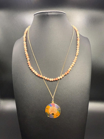 Colorful Shell Pendant and Pink Stone Two Strand Necklace