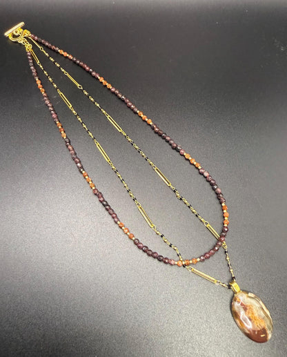 Garnet & Gold Sandstone Necklace with Crazy Lace Agate Pendant - 24K Gold Plated