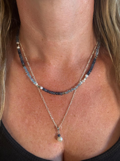 Two-Strand Freshwater Pearl Pendant Necklace with Blue Agate & Miyuki Beads