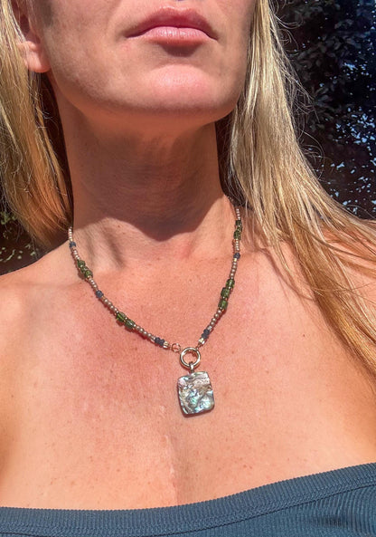 Abalone Shell, Agate & Indian Glass Beaded Necklace with Front Clasp