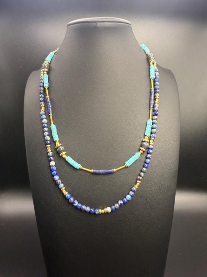 Two-Strand Lapis Lazuli & Turquoise Necklace with Gold Accents