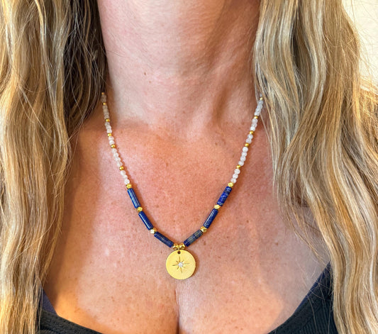 Lapis lazuli beaded matte gold plated star CZ pendant necklace