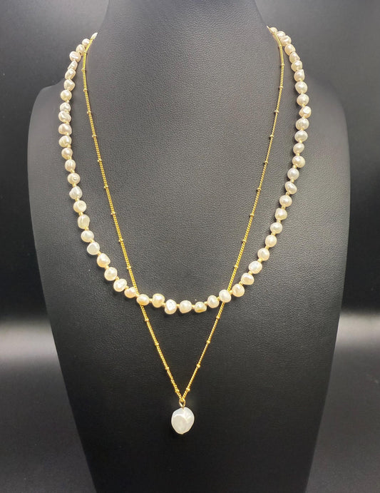 Two-Strand Freshwater Pearl Necklace- 14k gold plated