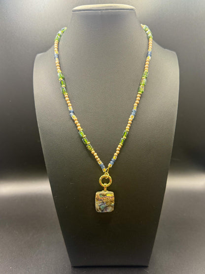Abalone Shell, Agate & Indian Glass Beaded Necklace with Front Clasp