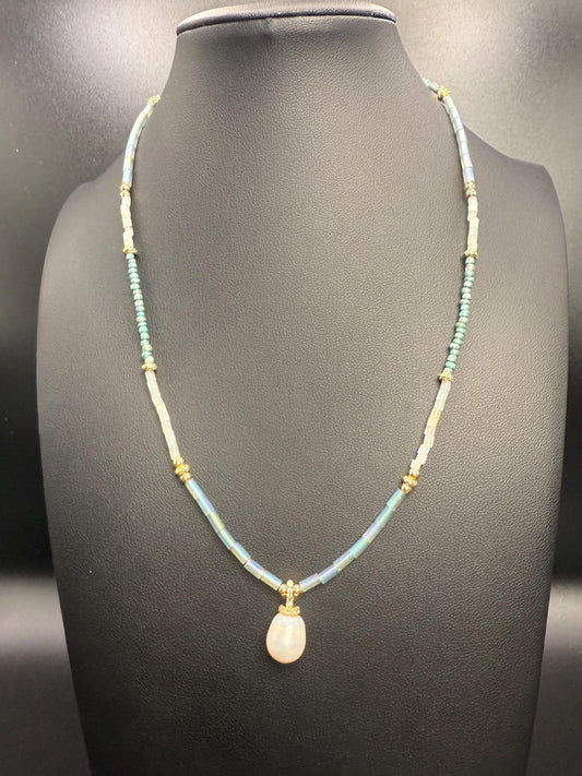 Freshwater Pearl & Cubic Zirconia Pendant Necklace with Amazonite Beads