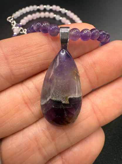 Amethyst Crazy Lace Agate Pendant Necklace: Rose Quartz & White Jade