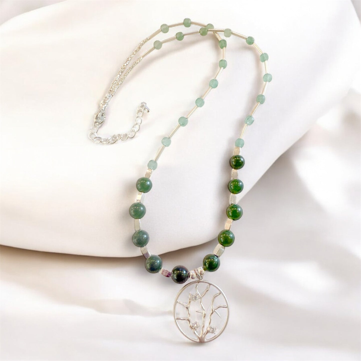Silver Tree Branch Pendant Necklace with Agate and Aventurine