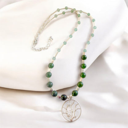 Silver Tree Branch Pendant Necklace with Agate and Aventurine
