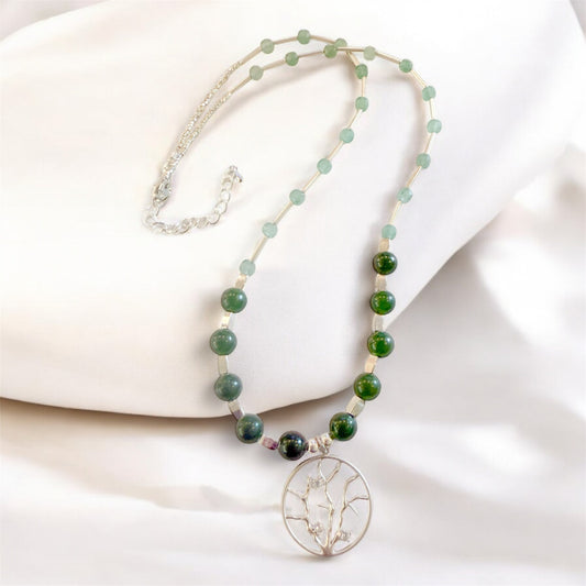 Silver Tree Branch Pendant Necklace with Agate and Aventurine