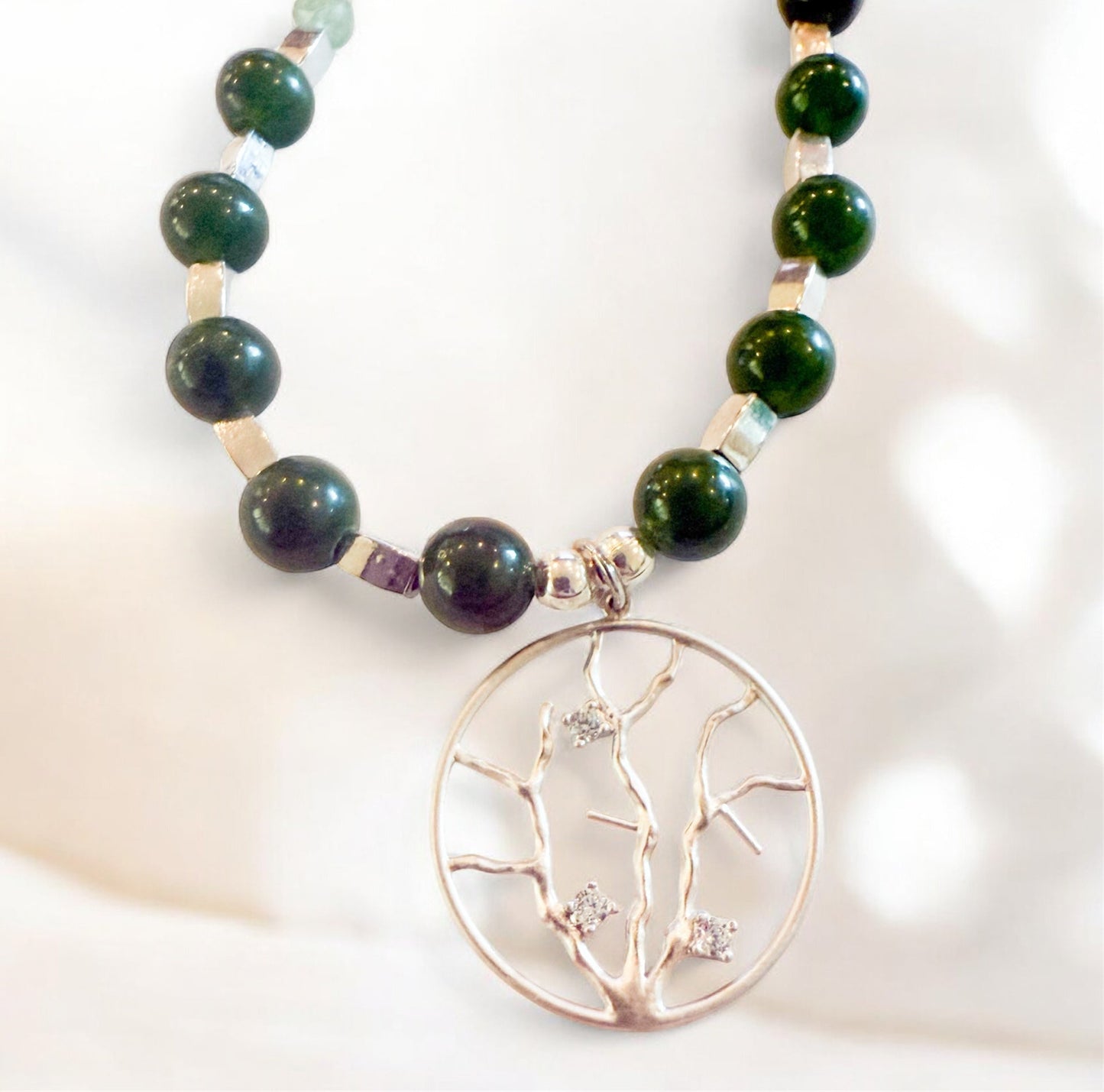 Silver Tree Branch Pendant Necklace with Agate and Aventurine