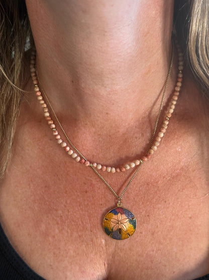 Colorful Shell Pendant and Pink Stone Two Strand Necklace