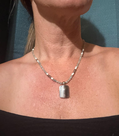 Blue Opal Pendant Necklace with Aquamarine Beads