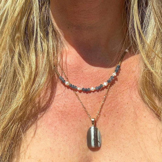 Blue Opal Pendant- Freshwater Pearl, Amazonite, Labradorite and Agate Necklace