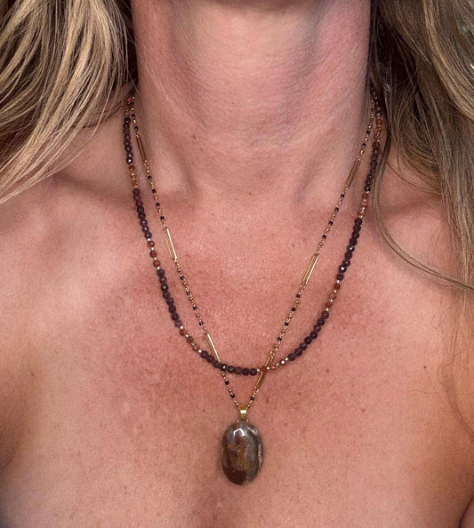 Garnet & Gold Sandstone Necklace with Crazy Lace Agate Pendant - 24K Gold Plated