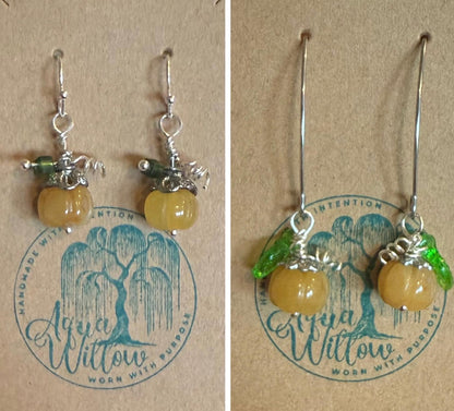 Handmade Jade Pumpkin Earrings: Silver-Plated Autumn Jewelry