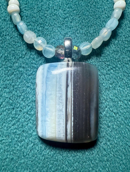 Blue Opal Pendant Necklace with Aquamarine Beads