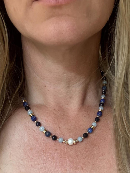Freshwater Pearl, Blue Goldstone and Lapis Lazuli Necklace
