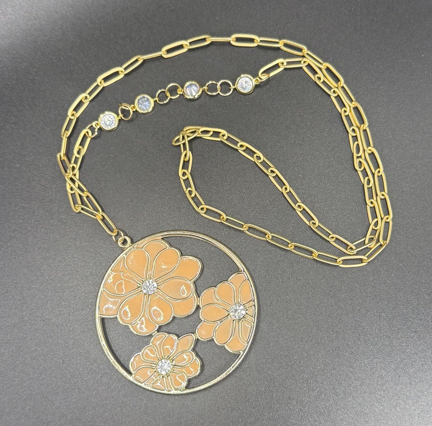 Large Floral Pendant Necklace - 14K Gold Plated Paperclip Chain with CZ Accents