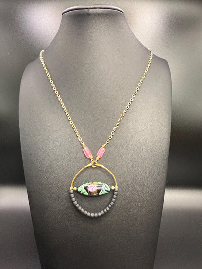 Handmade Vintage WG Glass Bead Necklace with 14k Gold Plated Chain