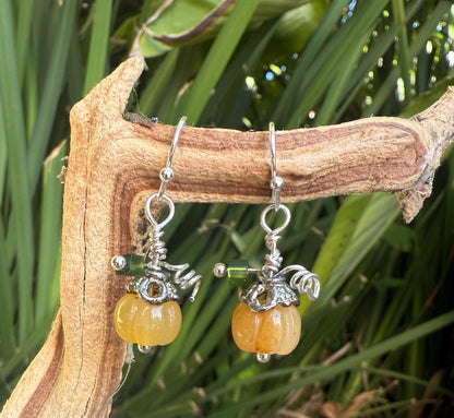 Handmade Jade Pumpkin Earrings: Silver-Plated Autumn Jewelry