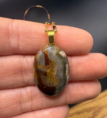 Garnet & Gold Sandstone Necklace with Crazy Lace Agate Pendant - 24K Gold Plated