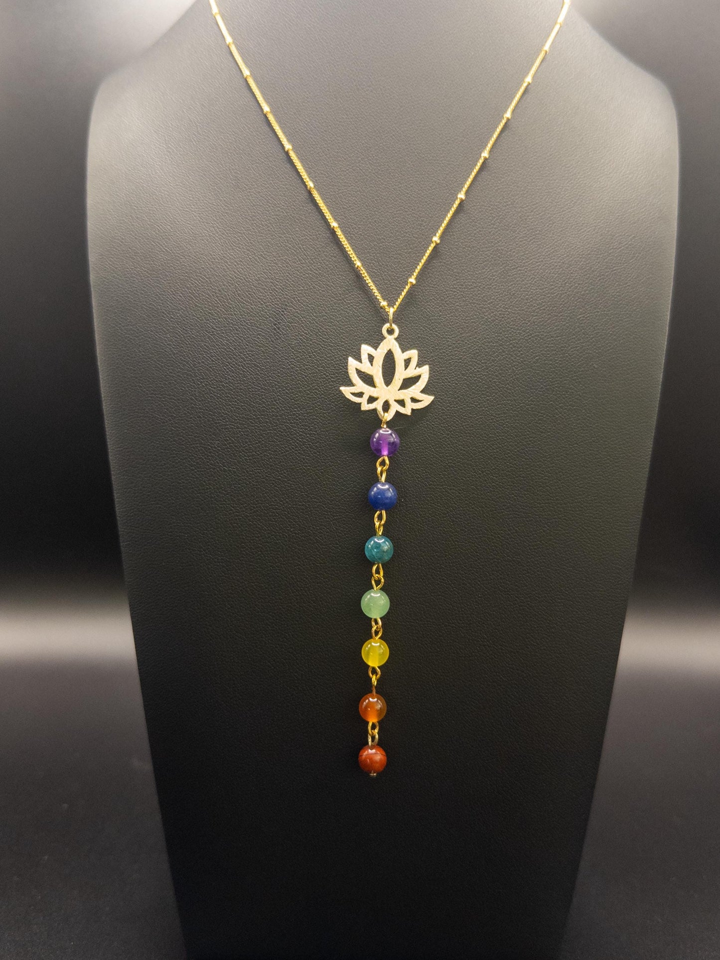Chakra Beads Necklace with Lotus Pendant, 14” Adjustable