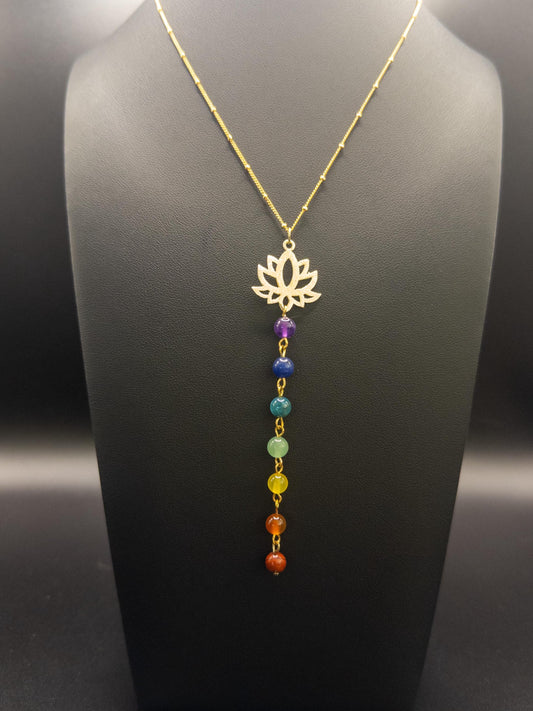 Chakra Beads Necklace with Lotus Pendant, 14” Adjustable