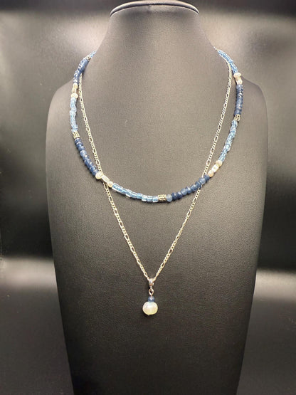 Two-Strand Freshwater Pearl Pendant Necklace with Blue Agate & Miyuki Beads