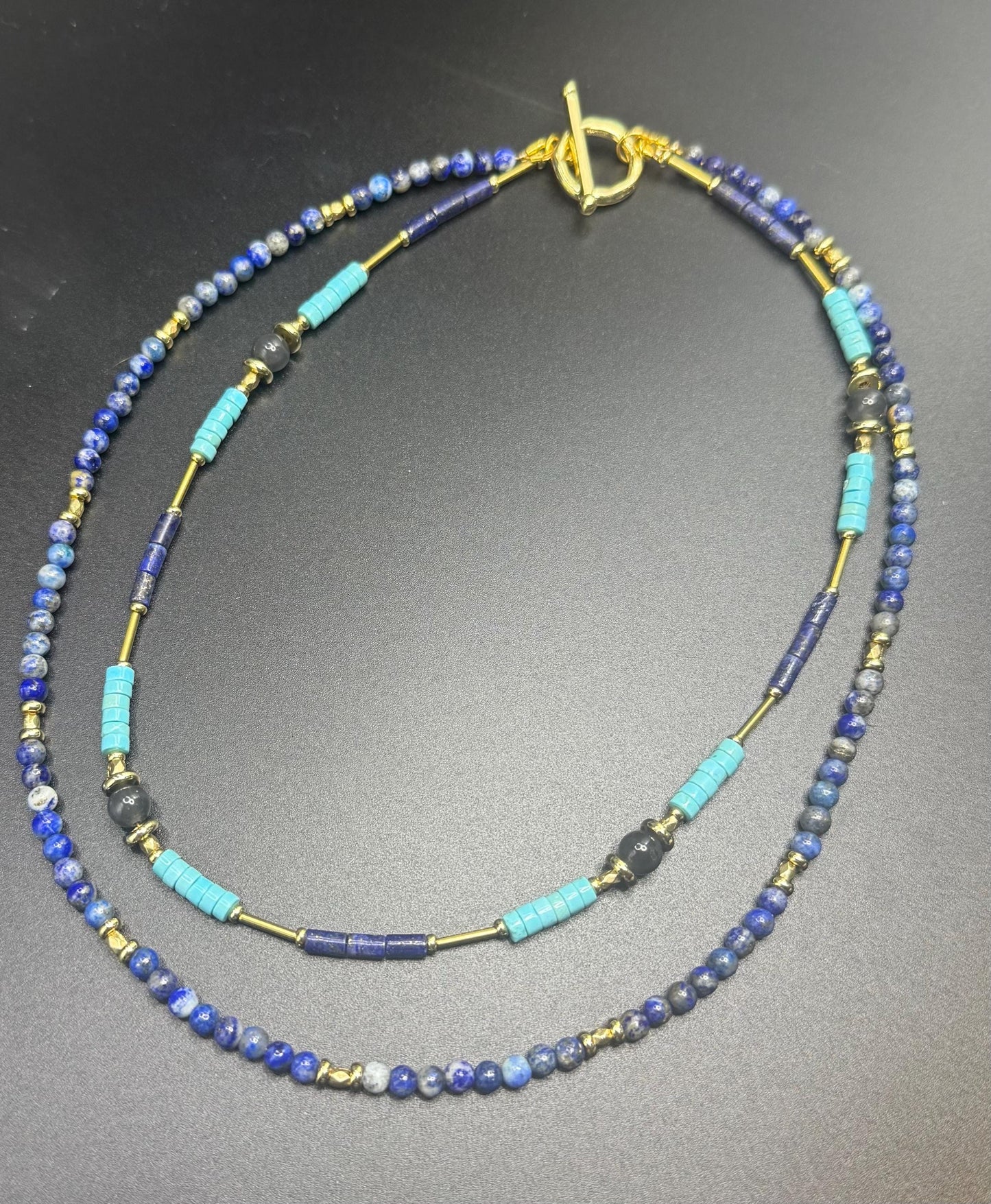 Two-Strand Lapis Lazuli & Turquoise Necklace with Gold Accents